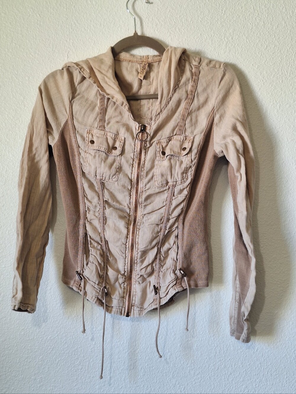 XCVI Balvino Linen Ruched Cord Jacket Women's Sm Hoodie Khaki Utility Gorpcore